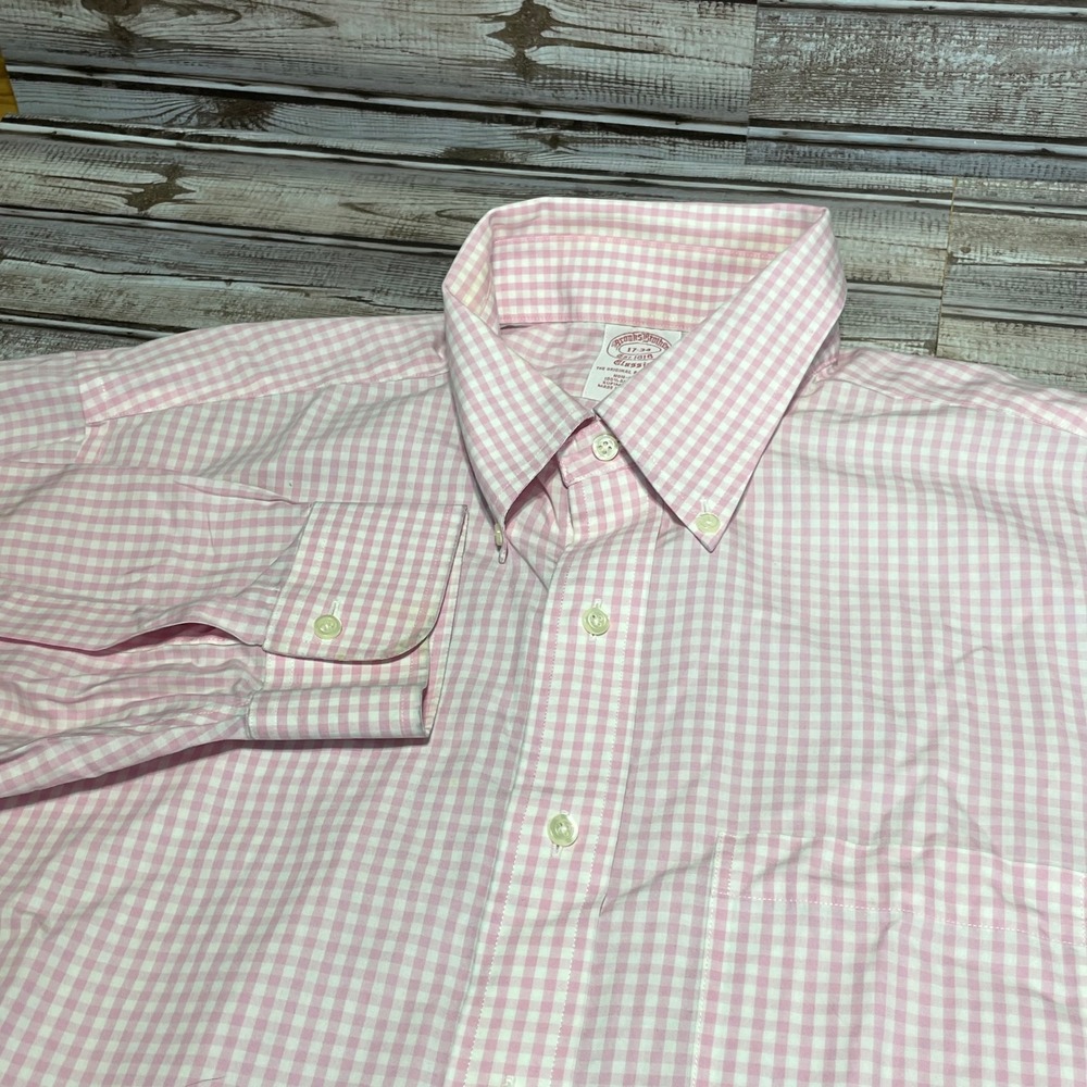 Brooks Brothers Gingham Dress Shirt Long Sleeve Pink Mens Size 17-34 See Pics‎